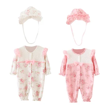 

Newborn Girls Lace Outfits Long Sleeve Clothes Princess Flower Print Romper Jumpsuit+Hat Autumn Spring Set