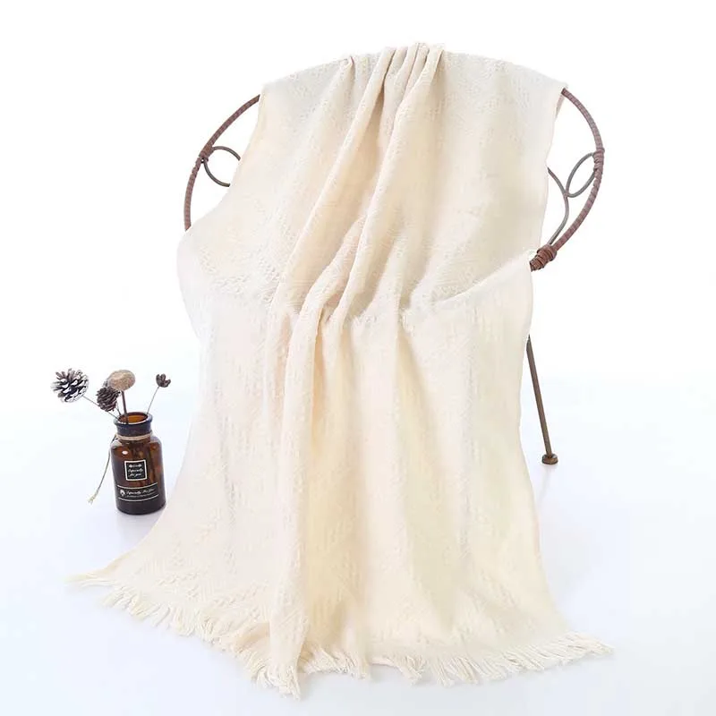 Чистое хлопковое газовое одеяло с кисточками супер мягкое сотовое ванное супервпитывающее полотенце портативное пляжное полотенце - Color: beige