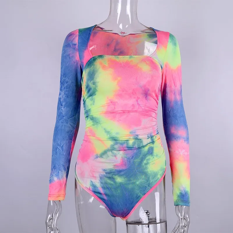 Сексуальный Tie Dye с принтом спинки боди стрейч квадратная Шея плиссированный сексуальный клубный комбинезон вечерние с длинным рукавом Облегающий комбинезон Femme