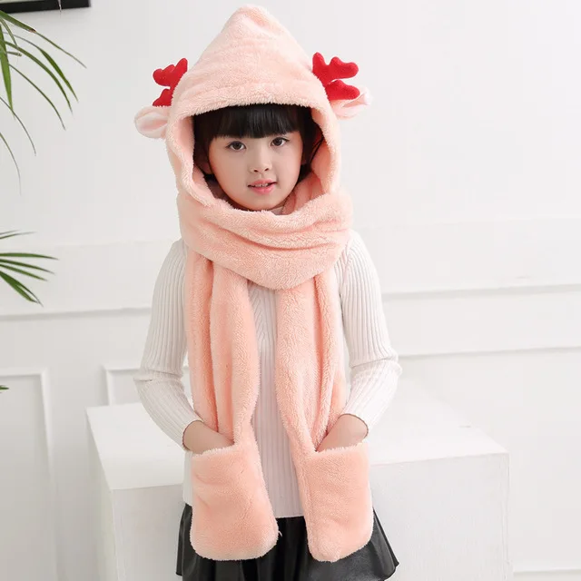 baby pink Вязаные шапки для девочек унисекс, комплект из 3 предметов, Рождественский шарф с оленями, шапка и наборы с перчатками, фланелевые детские зимние теплые шарфы и шаль - Цвет: baby pink