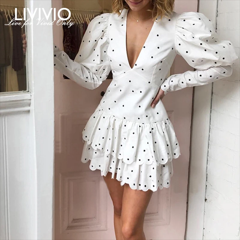 

[LIVIVIO] Vintage Polka Dot Dress For Women V Neck Puff Sleeve High Waist Ruffles Mini Dresses Female Fasihon Clothing 2019 Fall
