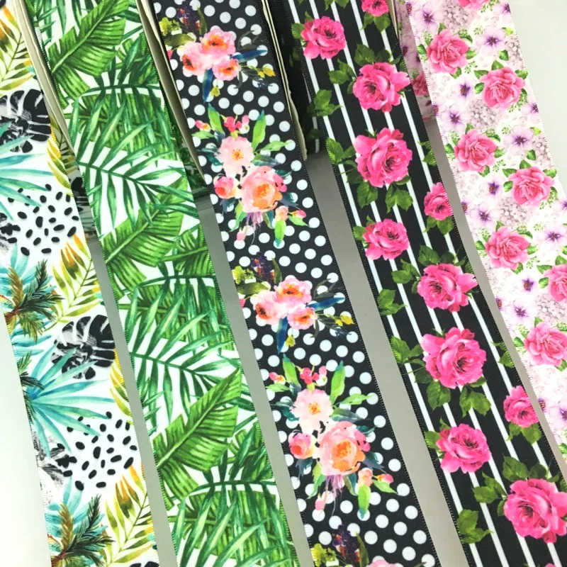 Flowers Satin Ribbon 38mm 5Y for Handmade Craft Patchwork Bows Christmas Easter Marriage Deco Gift Floral Packing