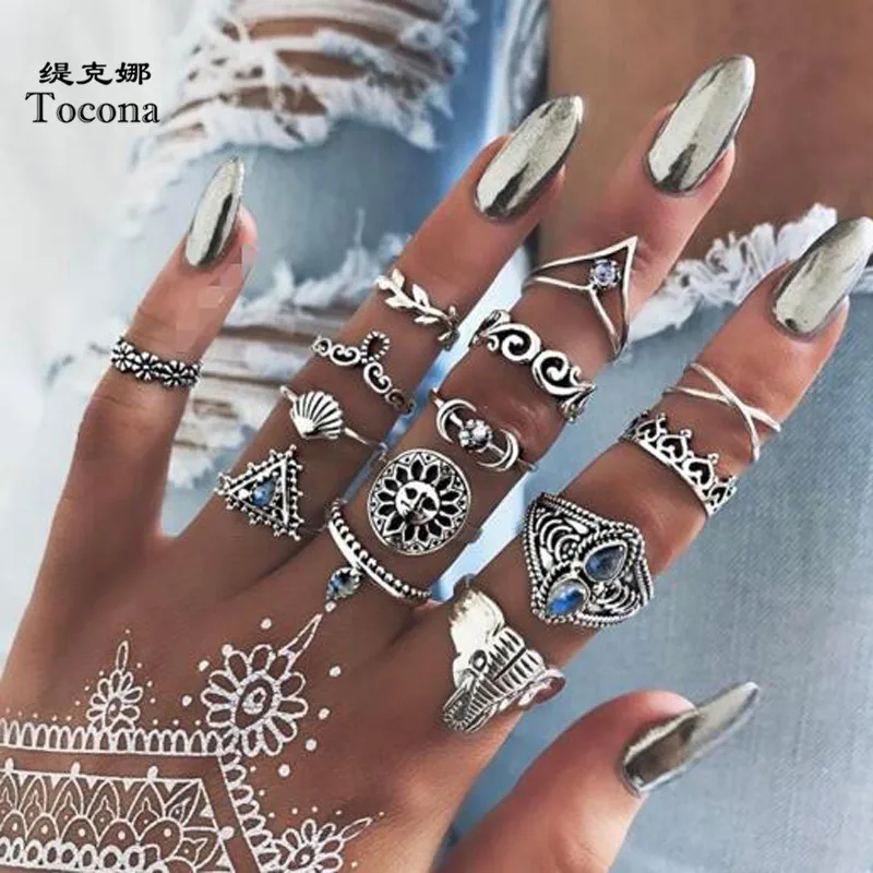 

Tocona 14pcs/sets Boho Antique Silver Rings for Women Sun Moon Elephant Heart Party Rings Leaf Geometric Jewelry Bijoux 9487
