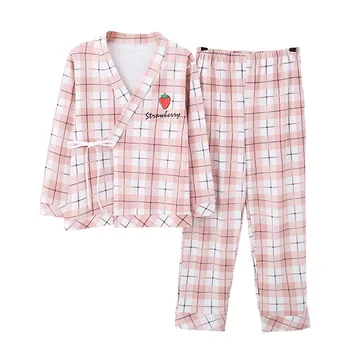 

New Cotton Pajamas Women's Long-Sleeved Autumn and Winter Kimono Cardigan Homewear Set Plaid Cute Cartoon Spring Japanese