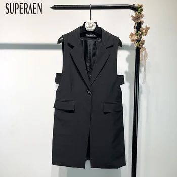 

SuperAen Fashion Sleeveless Vest Coats Women Spring New 2020 Korean Style Ladies Vest Solid Color Cotton Women Clothing