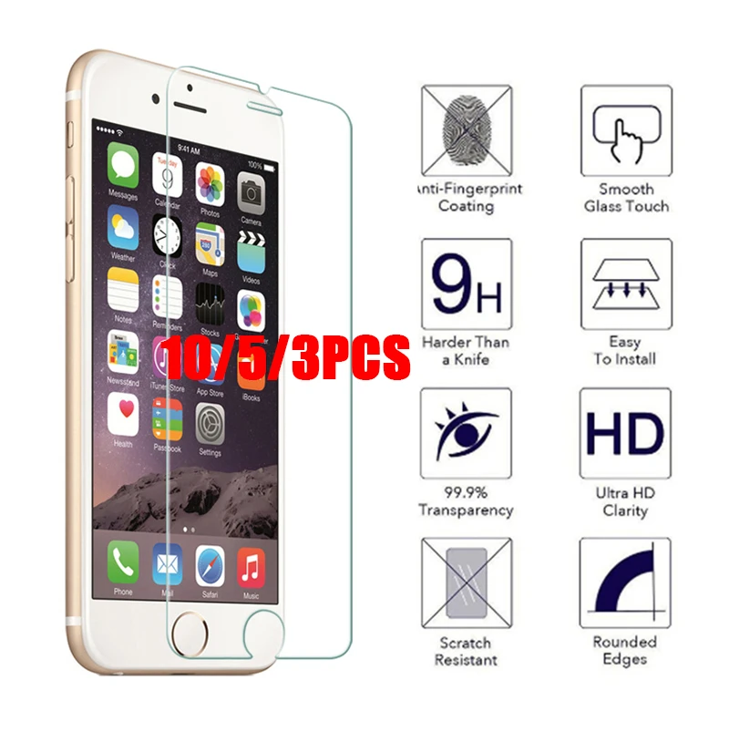 Закаленное стекло для iPhone 12 Mini 11 Pro Max X XS MAX XR 6 6s 7 8 Plus 5s SE 2 2020 10 шт. 5 защитная пленка