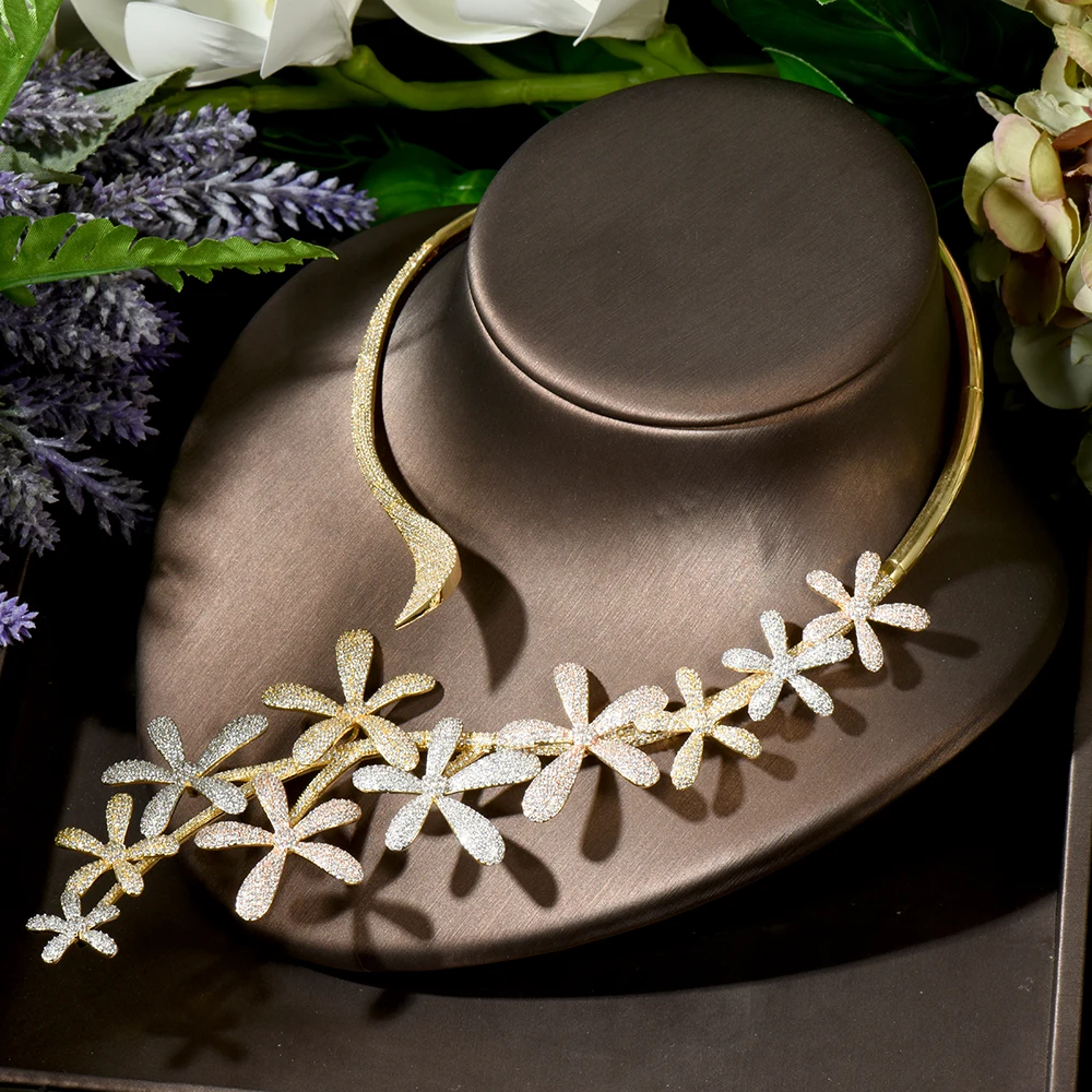 HIBRIDE 2PCS Big Flower Leaf Luxury Women Nigerian Wedding Naija Bride Cubic Zirconia Necklace Dubai Bridal Dress Jewelry N-1774 - Image 5