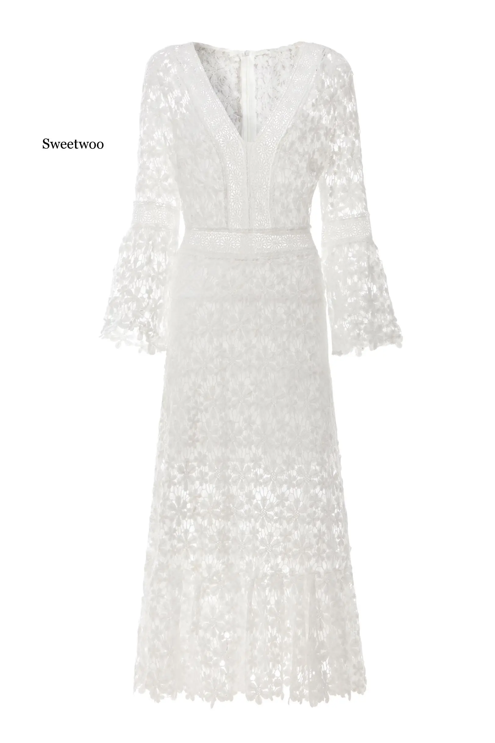 Women Dresses White Lace Dress Flare Sleeve V-neck Hollow Out Long Sleeve  Sexy Long Dresses 2020 Party Vestido de novi