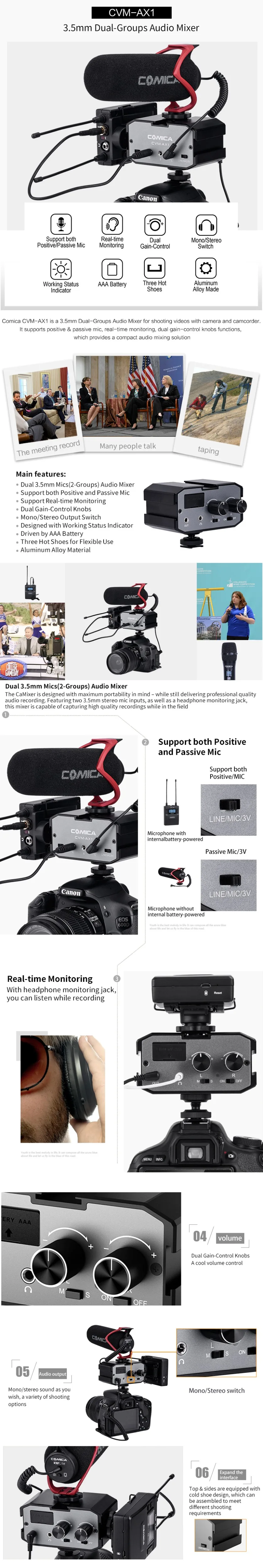 Comica CVM-AX1 моно стерео аудиопереходник Адаптерный микрофон для DSLR Canon EOS T6 Nikon D3300 ual усилитель каналов 3,5 мм Jack