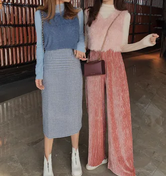 

New Fashion Women Skirt Sets Tracksuits Autumn Long Sleeve Turtleneck Sweatshirt&v Neck Vest&Pencil Skirt Wide Leg Pants Sets