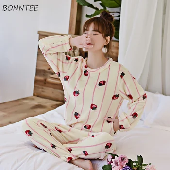 

Pajama Sets Women Flannel Winter Warm Korean Style Print Loose Fashion Womens Trendy Chic Sleepwear High Quality Simple Casual