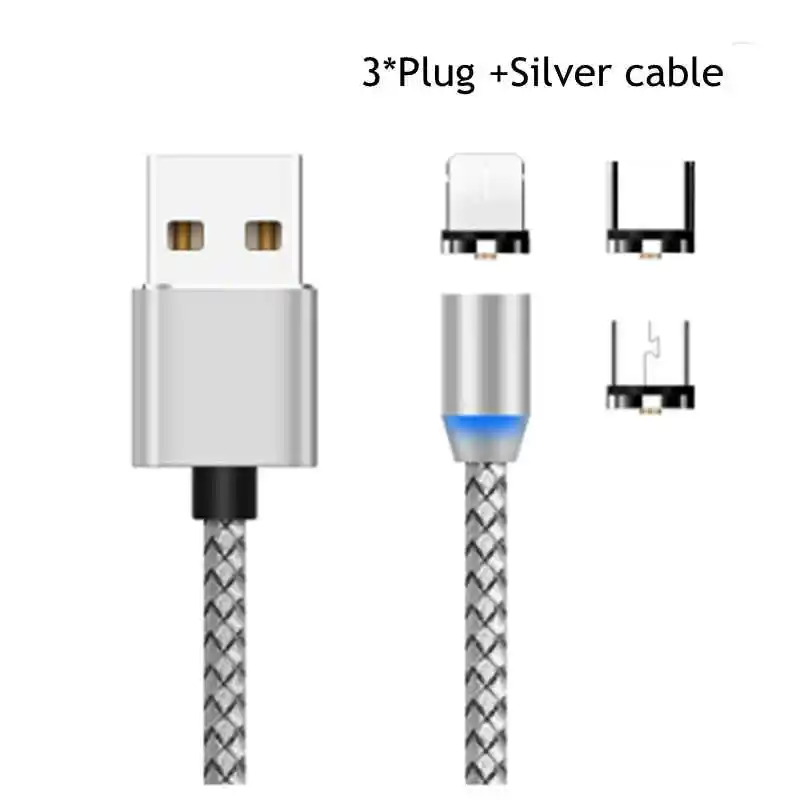 Магнитный кабель 3 в 1, кабель Micro USB type C для iPhone X 7, samsung, S10, Oppo, htc, LG, 1 м, 2,4 А, Магнитный адаптер для зарядного устройства, кабели для телефонов - Тип штекера: Silver 3 in 1