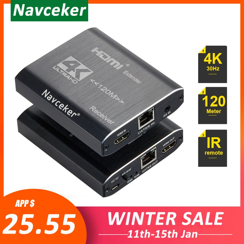Navceker 120m HDMI удлинитель 4K ИК передатчик RJ45 с петлей из каскада по Cat6 для PS4