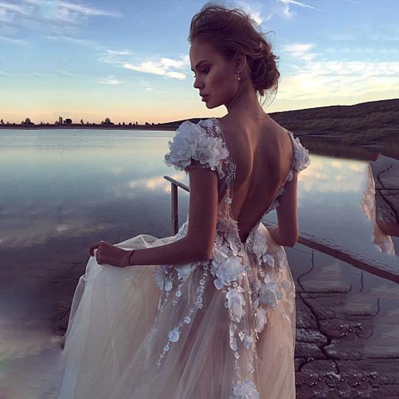 Champagne Boho Wedding Dresses luxury Sexy Backless Princess Bridal Dress Lace Appliques 3D Flowers Beach Long Wedding Gown 5