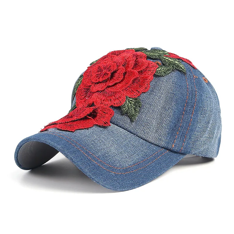 red baseball cap 2022 New Women Rose Flower Embroidery Baseball Cap Washed Cotton Floral Denim Hat Casquette Adjustable Jean Snapback Caps baseball caps for women