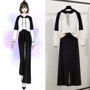 

New Winter Institute Wind Hit Color Knit Hooded Sweater Fashion Knitting Width Pants Legs Trousers Loose Outfits Women Casual