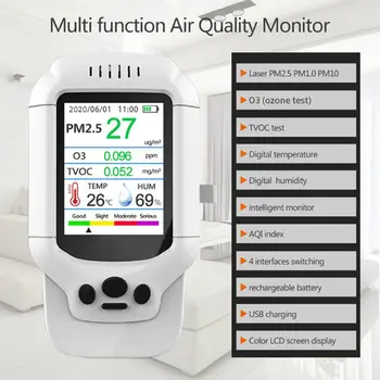 

Portable Ozone Meter O3 0-5ppm Range Quick Sensing Tester Multi- Gas Monitor Air Quality Detector TVOC PM2.5 Gas Analyze
