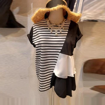 

korean 2020 Spring and Summer casual t-shirts New Style Stripe Spell Color Flounced Short T-shirt Women's Loose-Fit T-shirts