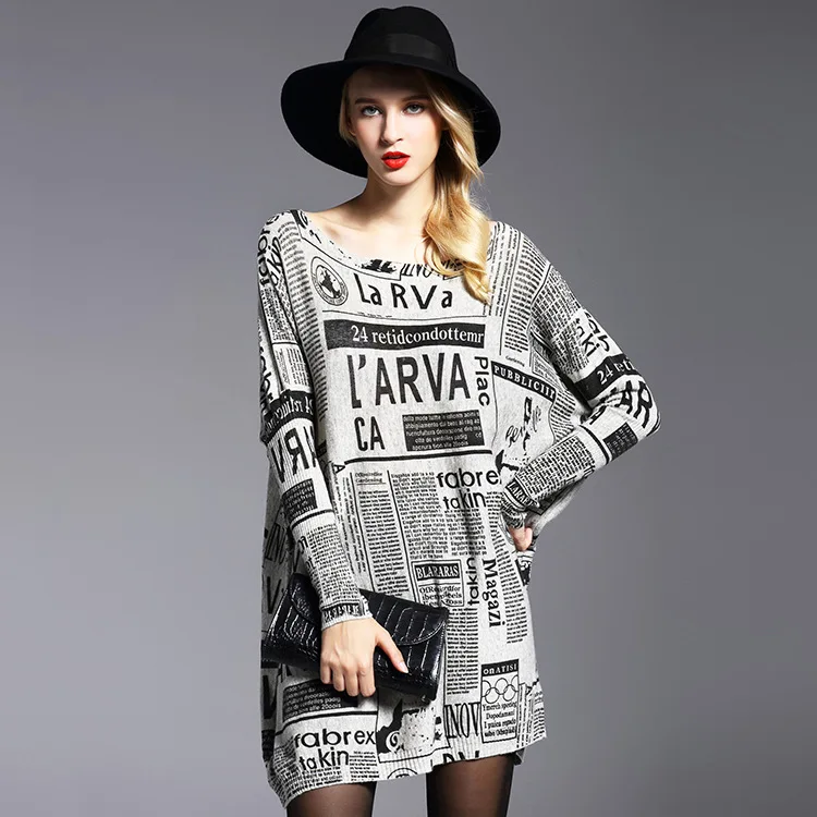 

2019 Autumn new style fat mm large size women's wear Loose pullover print medium - length sweater with undercoat knitted
