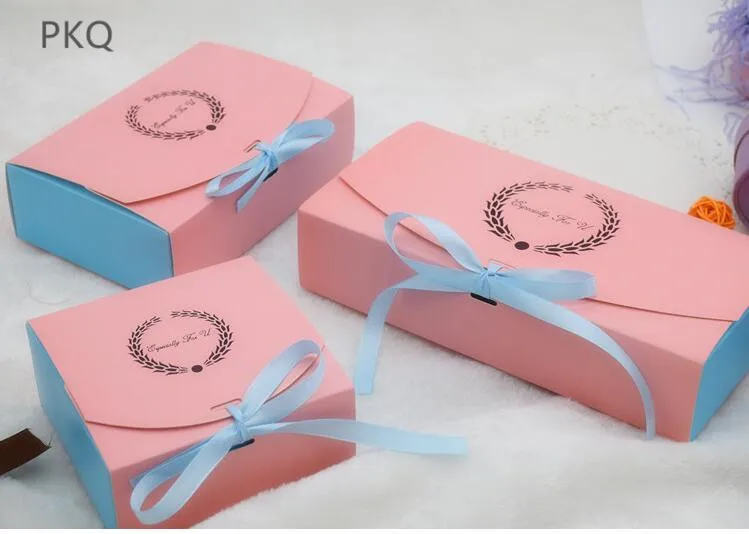 

50pcs Pink Color Candy Gift Boxes Baking Treat Guests Boxes Wedding Party Cake Box And Packaging With Ribbon