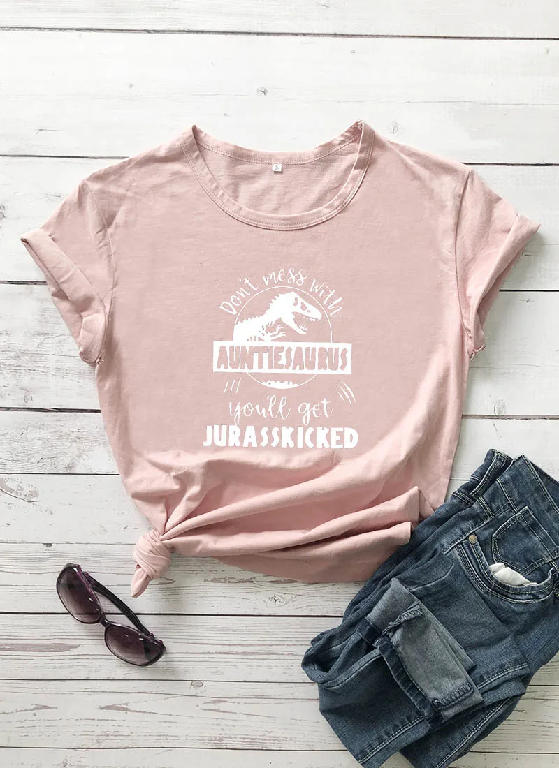 Не связывайтесь с AuntieSaurus Новое поступление графическая женская летняя забавная футболка из хлопка Auntie рубашка подарок для тети лучшая тётя когда-либо - Цвет: peach-white text