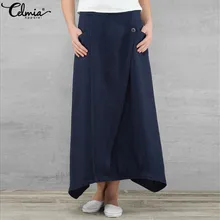 Vintage Women Maxi Skirts Summer Celmia Casual Loose High Waist Asymmetrical Linen Skirt Plus Size Long Pleated Beach Skirt