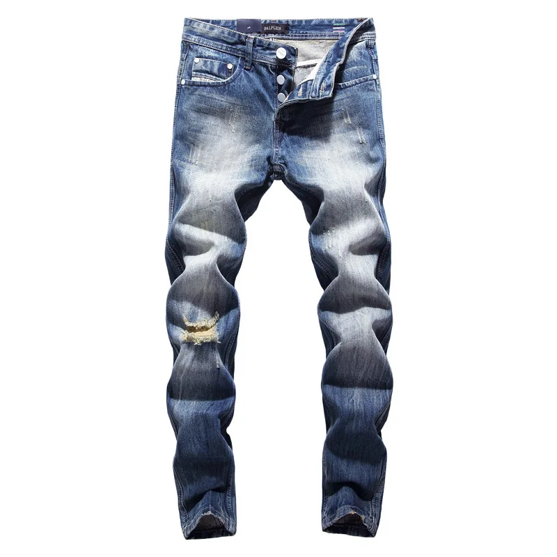 

2020 Retro New Men's Stretch-fit Jeans Slim Classic Style Fashion Denim Trousers Male Straight Hole Blue Pants