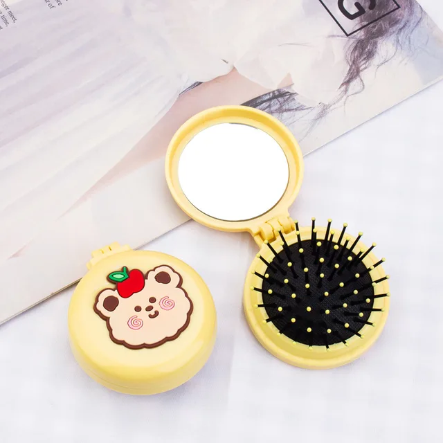 New Girl Cute Portable Mini Folding Massage Hair Comb Airbag Round Travel Hair Brush With Mirror Anti-static Hair Accessories Yellow