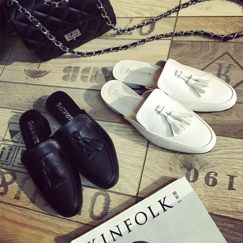 

Spring New Style Closed-toe Square Heel WOMEN'S Sandals Versatile Tassels Lazy Sandals Low Heel Mules Shoes Women's Summer Outer