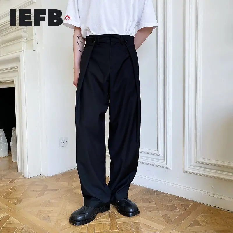 Black Pants Wide-Leg Korean-Style Fashionable Iefb/mens Wear Casual Waist-Design 9Y2611