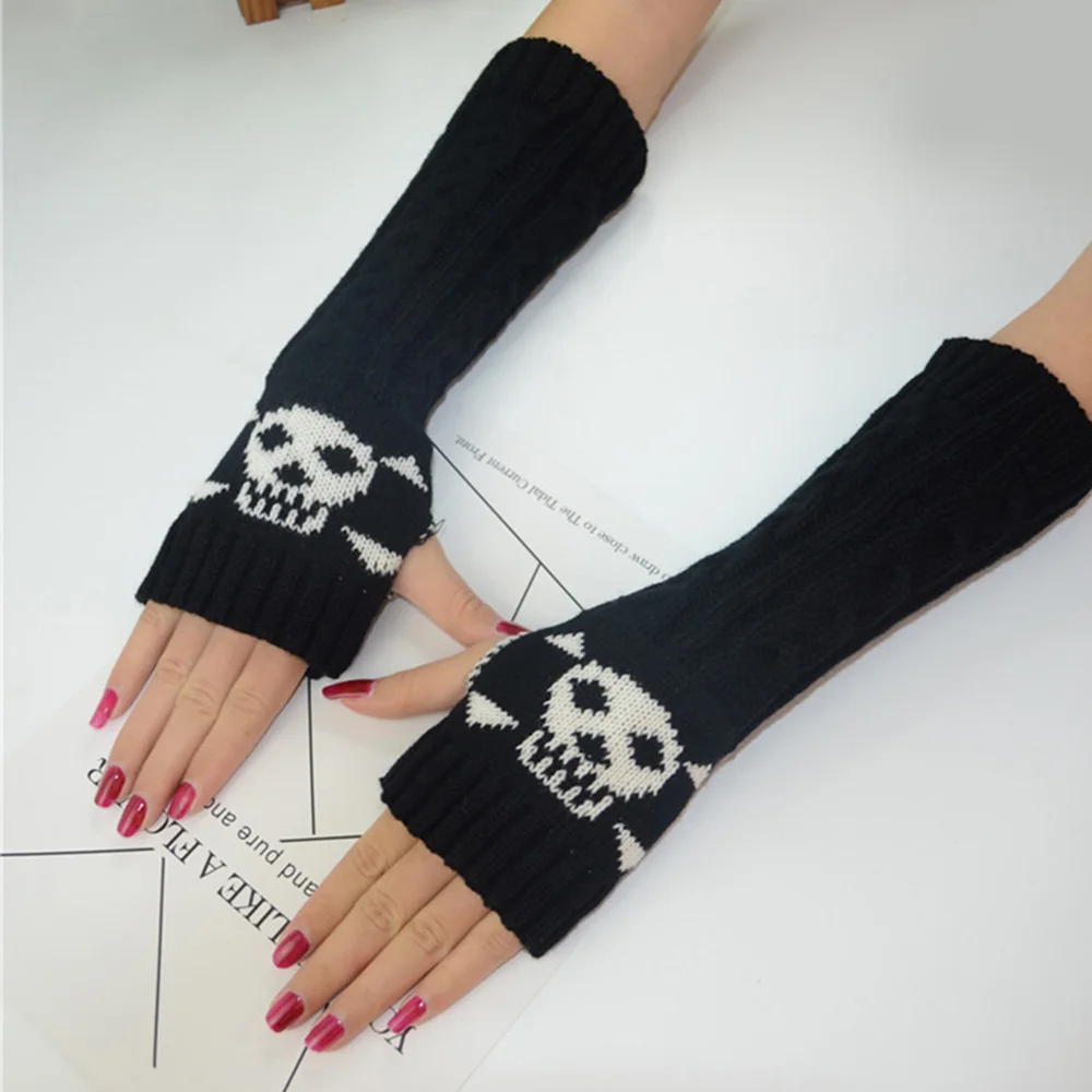 Skull Half Finger Long Glove Women Knit Mittens Length Sleeve Fingerless Gloves Knitted Wrist Sleeves Arm Warmer for Women unisex broken stretch cool elbow length mittens knit gloves arm warmer fingerless gloves