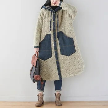 

Female new autumn and winter plus plus size hooded thickened long outerwear personality lambskin vintage loose cotton coat