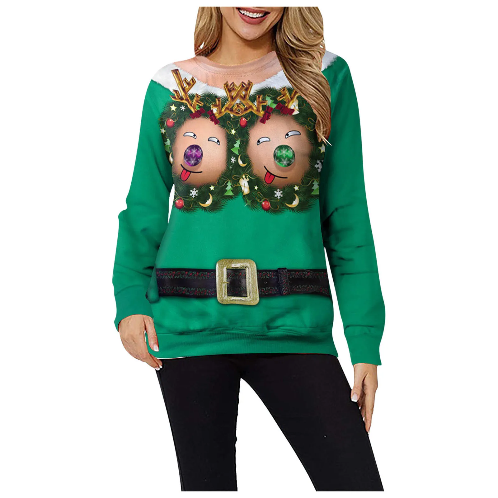 Funny Print Women Hoodies Harajuku Long Sleeve O-neck Patchwork Pullover Tops 2021 Winter Female Christmas Clothes Sudaderas 2