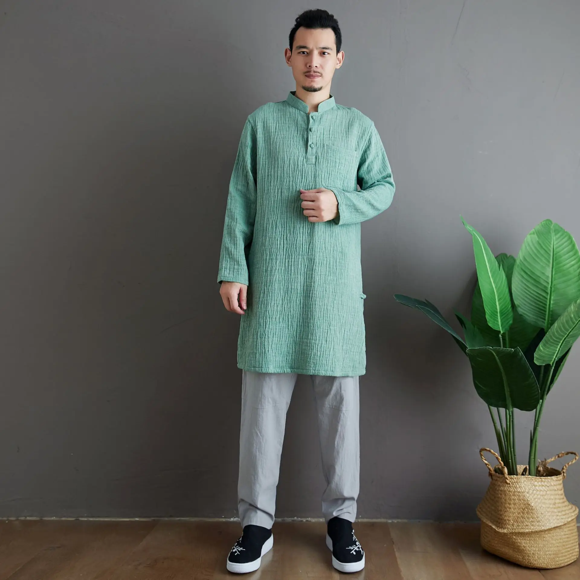 

Stand Collar Long Sweater Solid Color Cotton Men's Long-Sleeved Shirt Collar National Trends Frog Large Sized Chinese Kung Fu