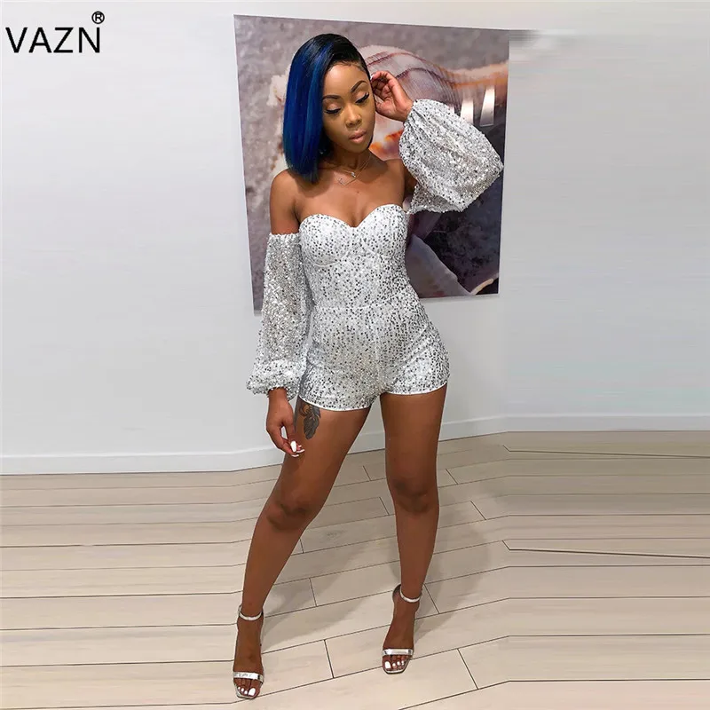 VAZN SN4902 New Open Heavy Industry Sequined Fashion Strapless Full Sleeve Solid High Waist Sexy Club Women Slim Playsuits