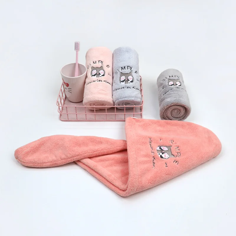 

Korean Embroidery Soft Meng Cat Dry Hair Cap Thicken Absorbent Quick-drying Cartoon Pack Turban Coral Velvet Shower Cap