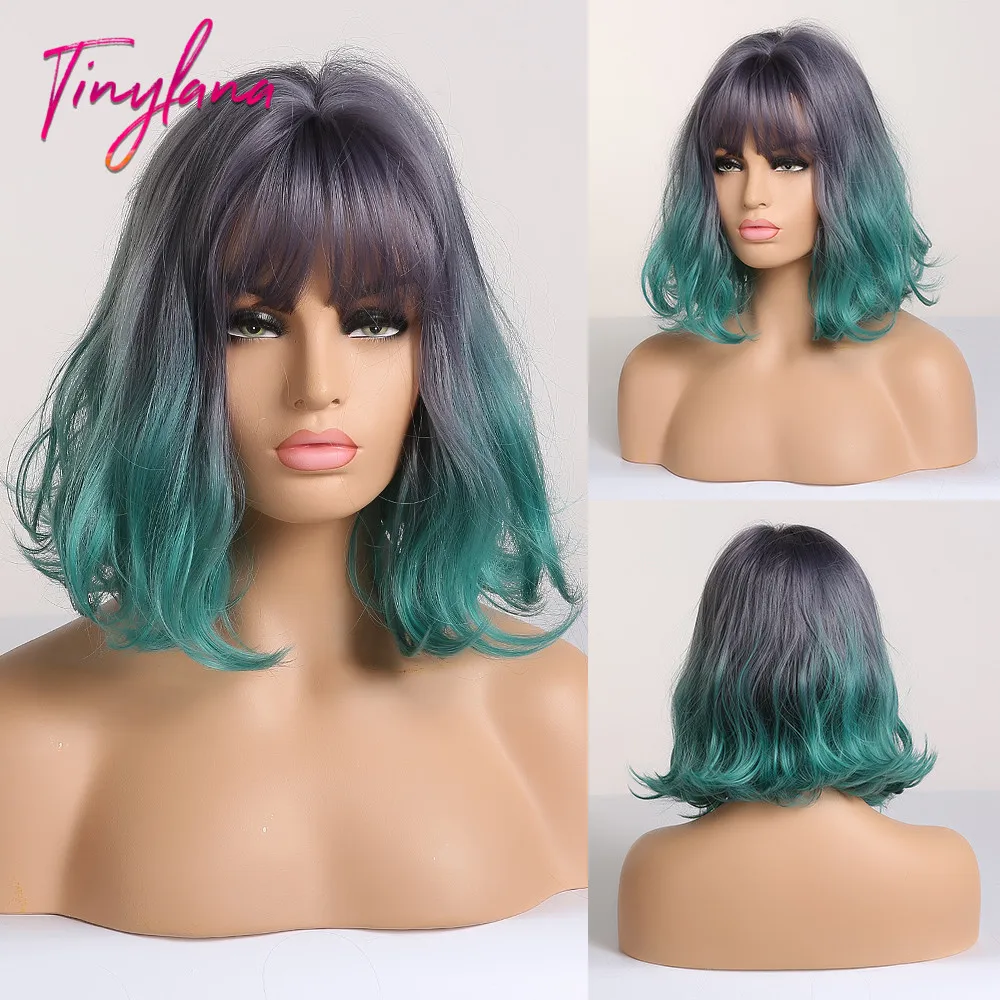 

TINY LANA Short Bobo Wigs with Bangs Heat Resistant Hair Green/Blue Straight Cosplay Brown Medium Synthetic Party Wigs For Women