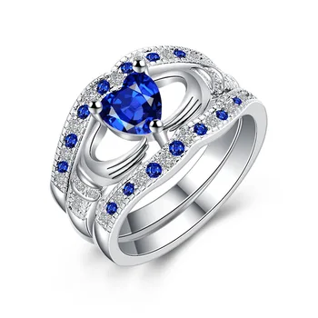 

Diamond-encrusted Blue Crystal Jewelry Three-layer Holding Heart-shaped Carat Ring European and American Female Ring