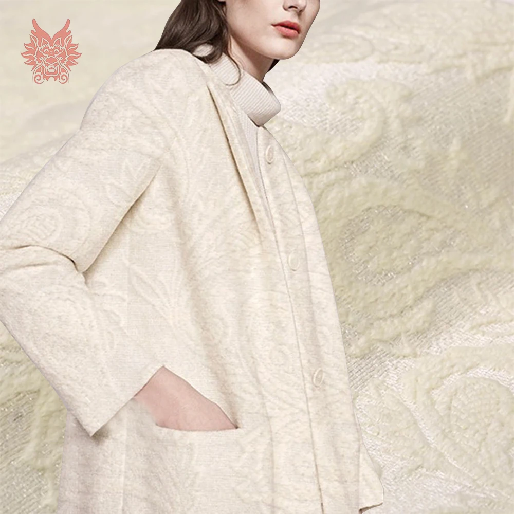 French 3D luxury style white double-sided jacquard metallic wool fabric for winter trench coat suit telas por metro telas SP5904