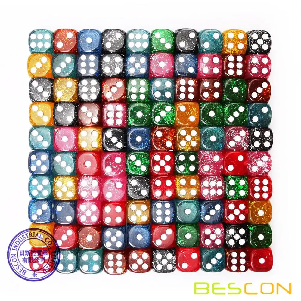Bescon " A Lot of Glitter" 16MM D6 Set 100pcs, Assorted Colored Glitter Dice Set 100pcs