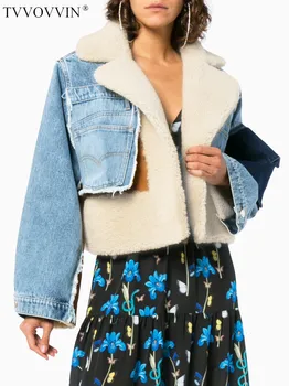 

TVVOVVIN Winter Patchwork Loose Coat Clothes Lamb Wool Thickening Short Fund Locomotive Jacket Cotton-padded Clothes Woman L243