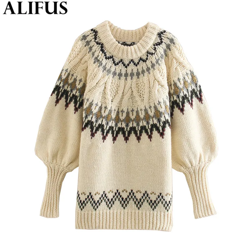 

Fashion Za Women Sweaters 2019 Vintage Jacquard O-Neck Casual Puff Sleeve Elegant Loose Knitting Pullover Sweater Jumper Tops