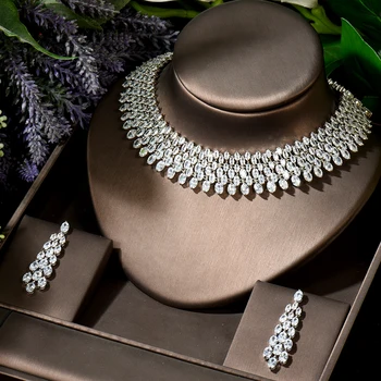 HIBRIDE Nigerian Trendy Water Drop Jewelry Sets Full Cubic Zircon Women Wedding Dress Choker Necklace Earring Jewelry N-1893