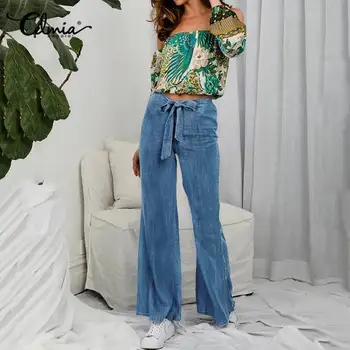 

Celmia Women Vintage Slim Jeans Pants Leisure Wide Leg Simple Long Jean Elastic Band Lady Flares Pantalon Female Casual Trousers
