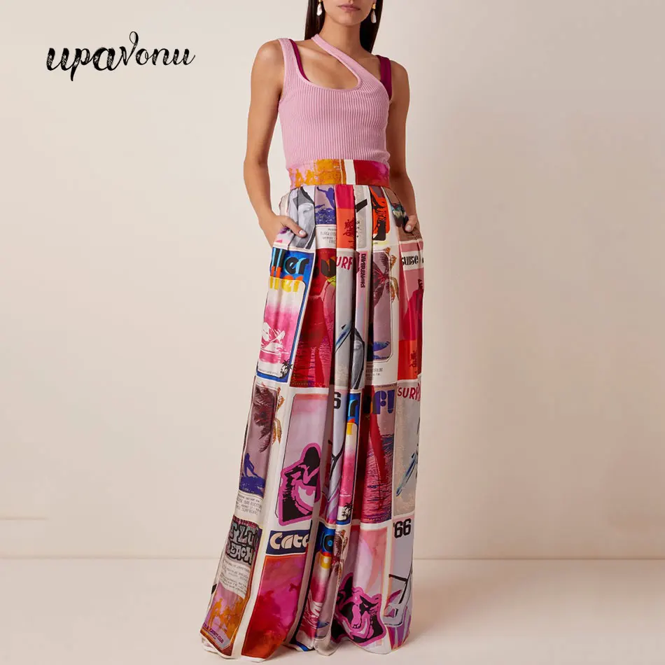 

Women's Wide Leg Pants Set 2020 Fashion Print Loose Casual Retro Straight Pants Open Back Solid Slant Shoulder Elastic Slim Top