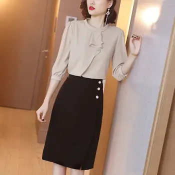 

2020 New Summer Women Chiffon Wide Match Blouse Tops + Bodycon Skirt 2 Piece Sets Female Office Lady Work Wear Clothes Suit H17