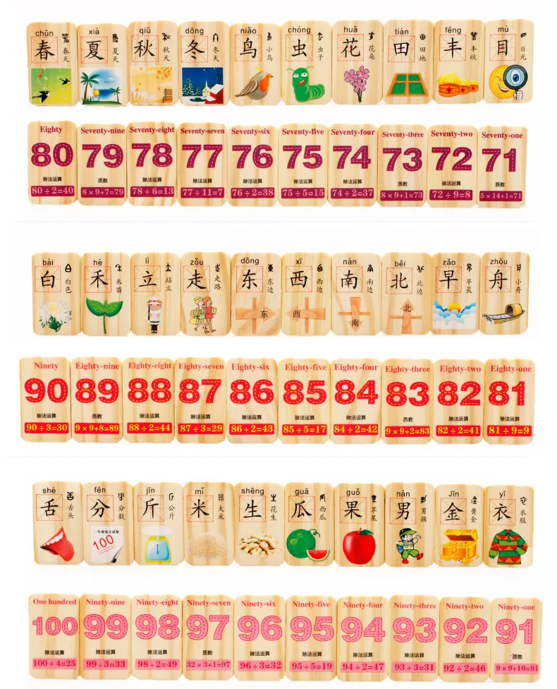 

100 Pieces Double-Sided Circular Bead Chinese Characters with Numbers Domino Children'S Educational Wooden Early Learning Cognit