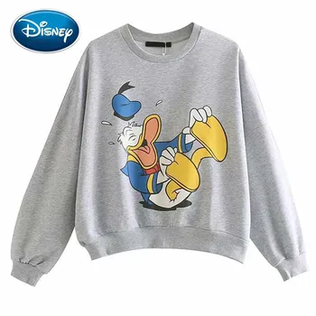 

Disney Stylish Donald Duck Cartoon Back Letter Print Gray T-Shirt O-Neck Pullover Fashion Lady Long Sleeve Harajuku Casual Tops