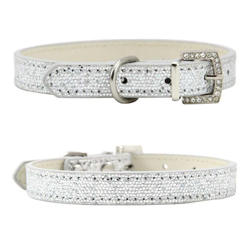 Silver Dog Collar Новое поступление, шикарный ошейник для маленьких и средних собак, кошек, ошейников для щенков, роскошные стразы с пряжкой, розовый, голубой, серебряный, S-XL - Цвет: Silver Dog Collar