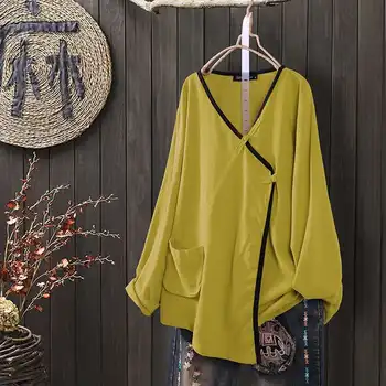 

Plus Size ZANZEA Sprng Blouse Women Causual Solid Long Sleeve Vintage Cotton Irregular Shirt Tunic Tops Female Blusas Chemise 7